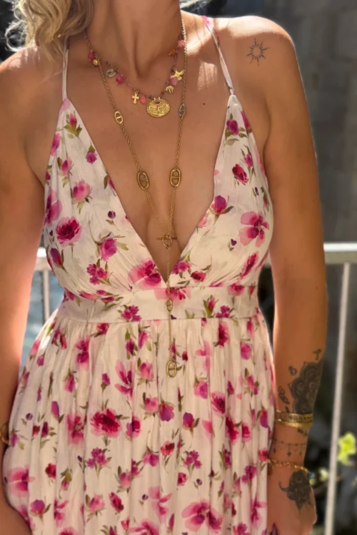 Robe Dos Nu Fleurie Rose - Bretelles Croisées | Dream By C