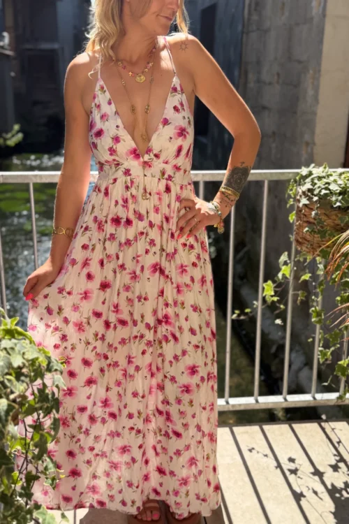 Robe Dos Nu Fleurie Rose - Bretelles Croisées | Dream By C