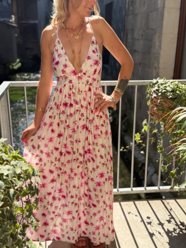 Robe Dos Nu Fleurie Rose - Bretelles Croisées | Dream By C