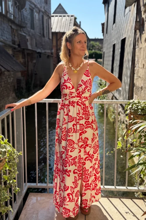 Robe longue bretelles rouge écrue femme | Dream By C