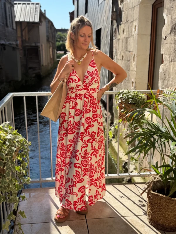 Robe longue bretelles rouge écrue femme | Dream By C