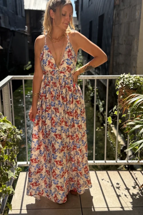 Robe dos croisé liberty bleue lurex | Dream By C