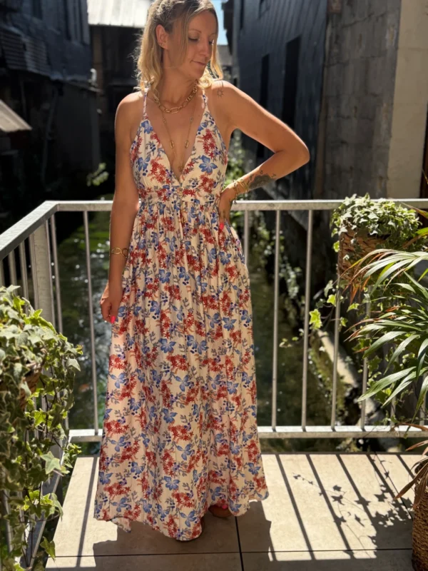 Robe dos croisé liberty bleue lurex | Dream By C