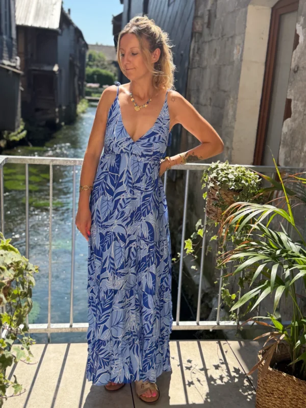 Robe Longue Bleue Volants - Dos Nu Pompons | Dream By C
