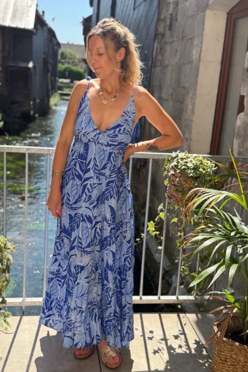 Robe Longue Bleue Volants - Dos Nu Pompons | Dream By C