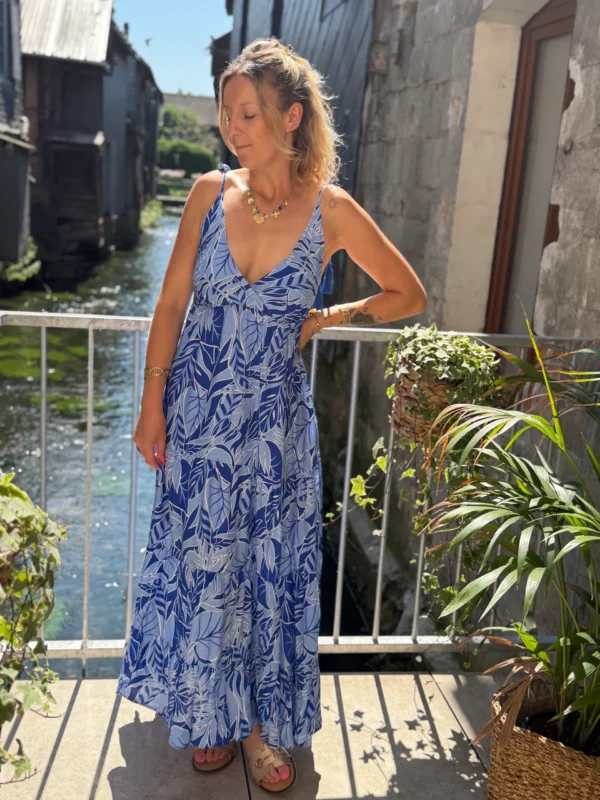 Robe Longue Bleue Volants - Dos Nu Pompons | Dream By C