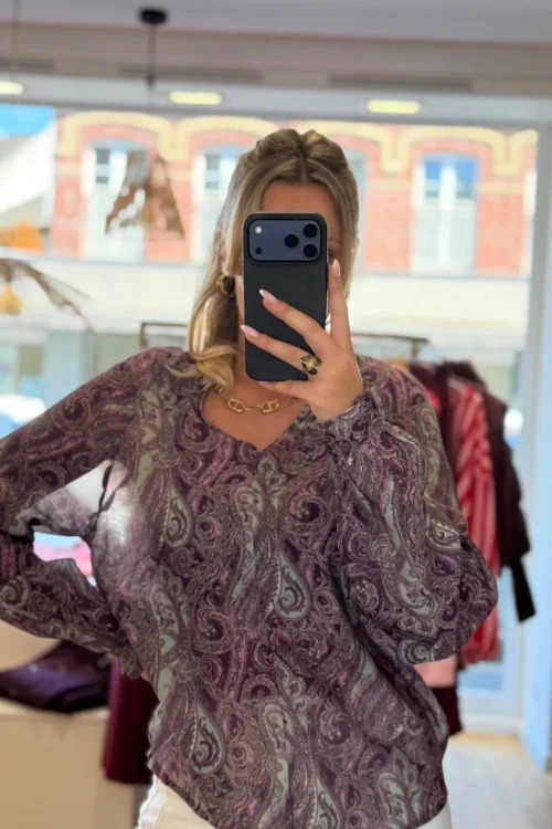 -blouse-violette-imprime-cachemire Blouse Cachemire Violet Rose Turquoise | Dream By C