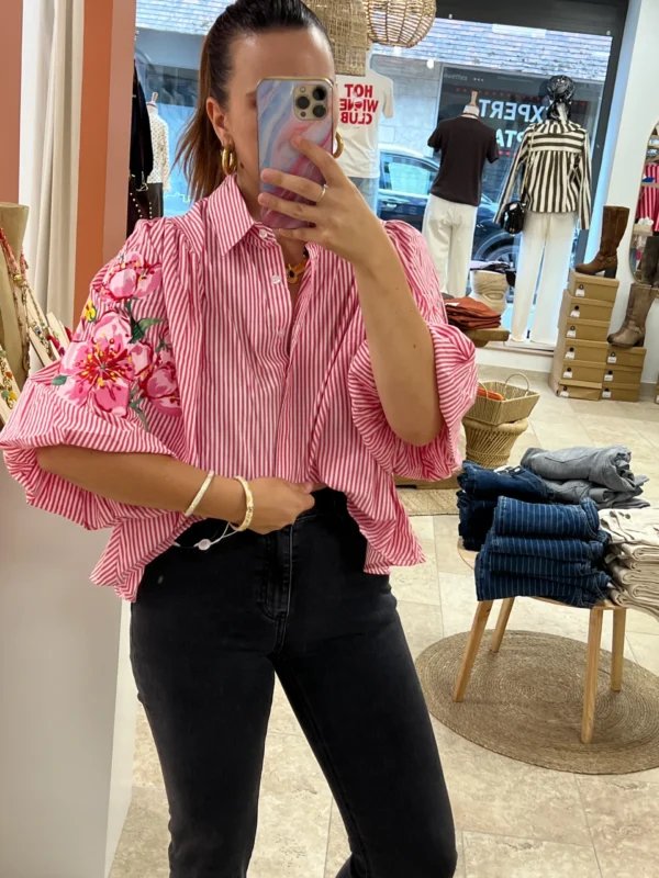 Chemise rayée manches bouffantes brodée - Dream By C