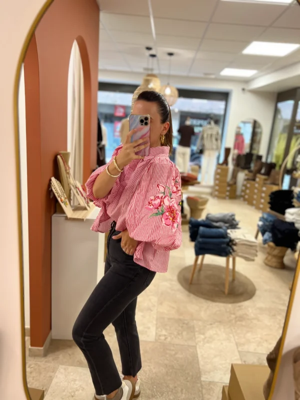 Chemise rayée manches bouffantes brodée - Dream By C