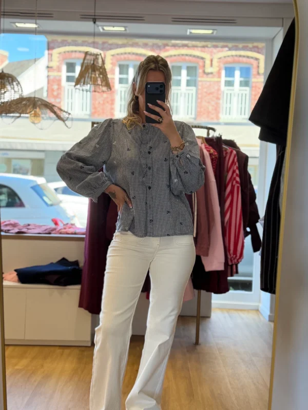 Chemise Vichy Marine Col Volants Brodée | Dream By C