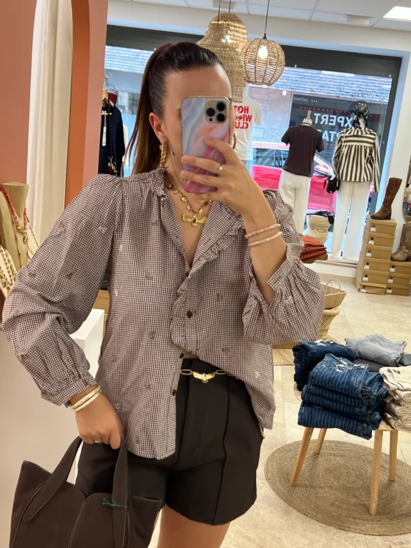 Chemise Vichy Col Volants Brodée Chocolat | Dream By C