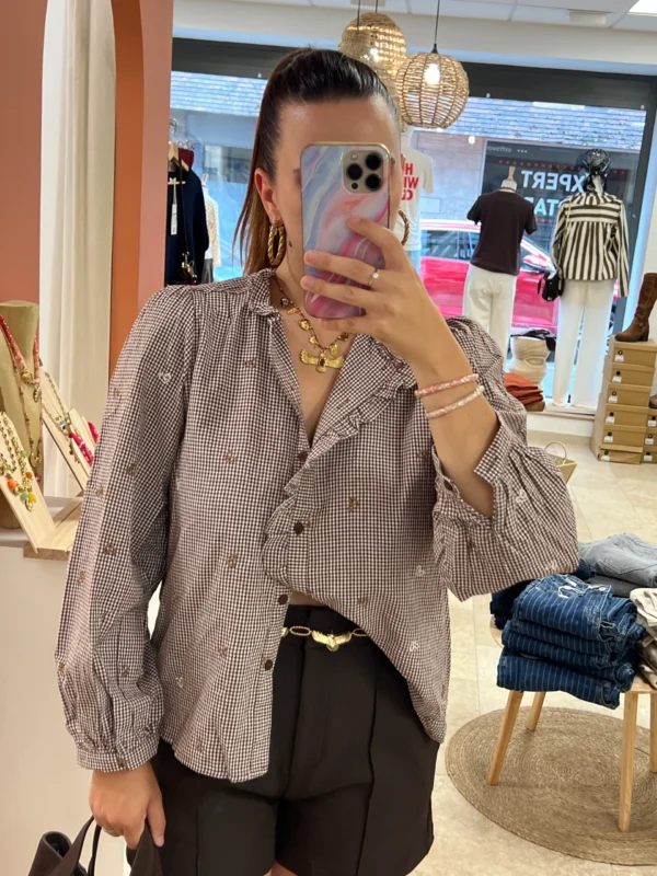 Chemise Vichy Col Volants Brodée Chocolat | Dream By C