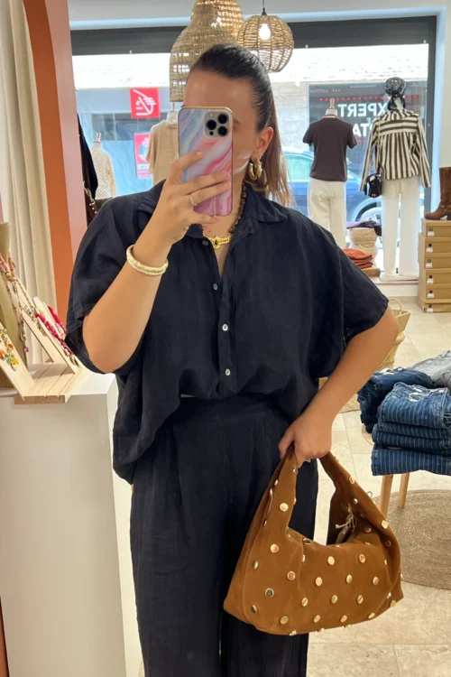 Chemisette Lin Manches Courtes – Camel & Bleu | Dream By C