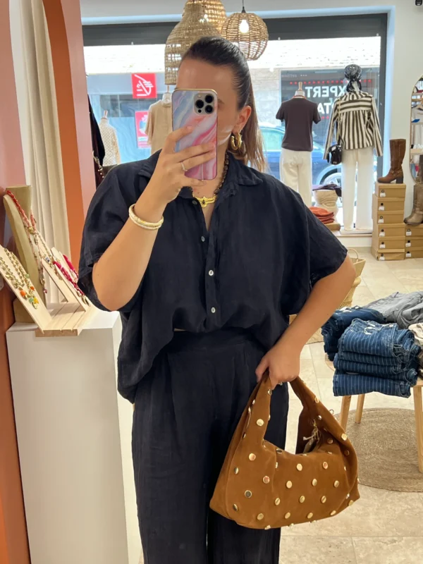 Chemisette Lin Manches Courtes – Camel & Bleu | Dream By C
