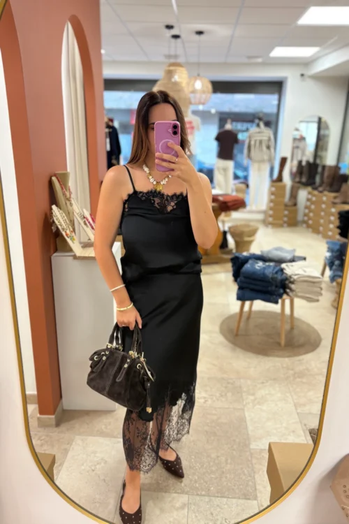 Jupe Longue Satin Dentelle Noire | Dream By C