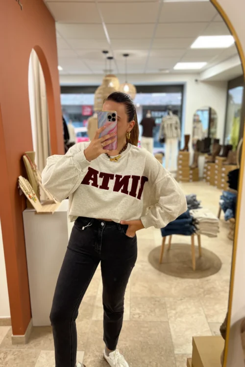 Sweat Oversize Brodé Vintage Gris Bordeaux | Dream By C