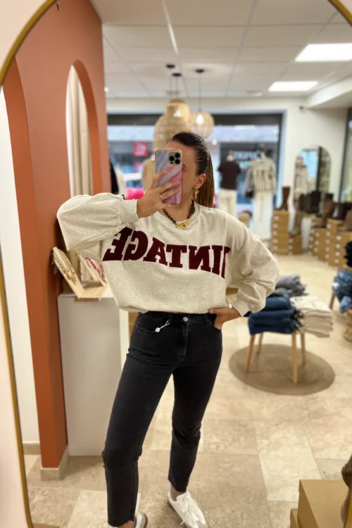 Sweat Oversize Brodé Vintage Gris Bordeaux | Dream By C