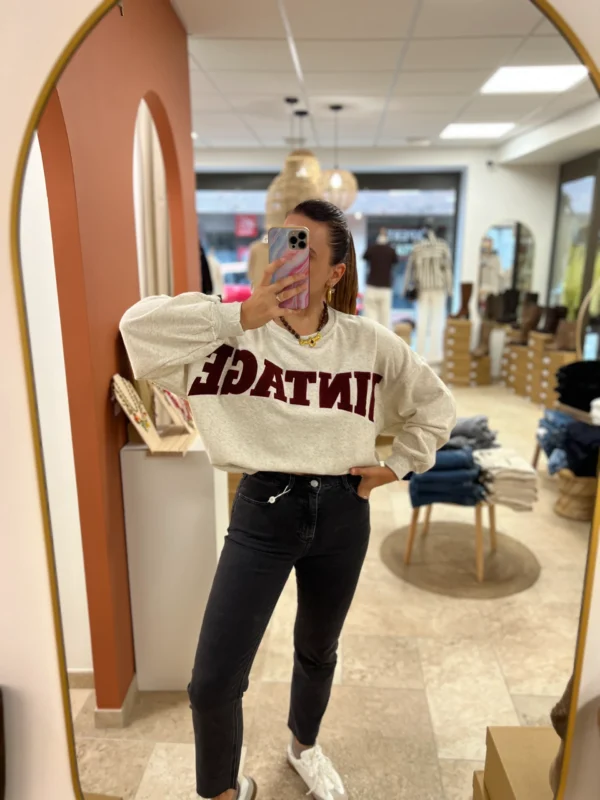 Sweat Oversize Brodé Vintage Gris Bordeaux | Dream By C
