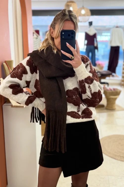 Pull en Maille Beige à Fleurs Marrons | Dream By C