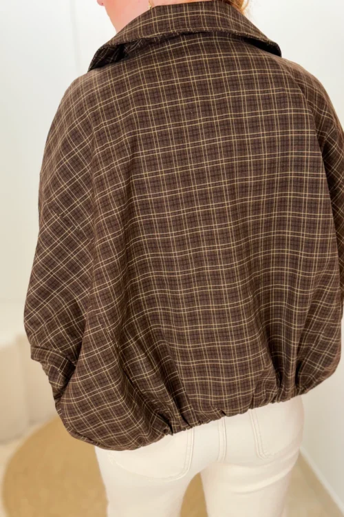 Blouson à carreaux femme chocolat, coupe ballon | Dream By C
