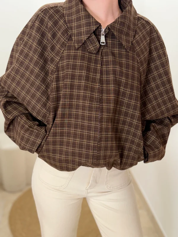 Blouson à carreaux femme chocolat, coupe ballon | Dream By C