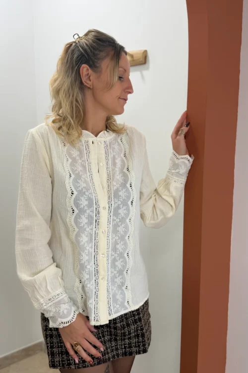 Chemise gaze de coton brodée beige femme | Dream By C