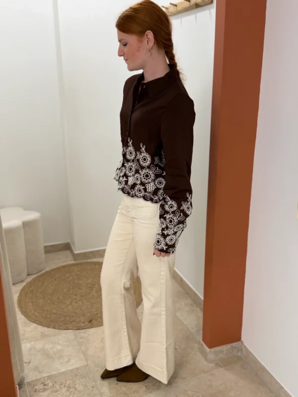 Chemisier court brodé chocolat femme, broderies | Dream By C