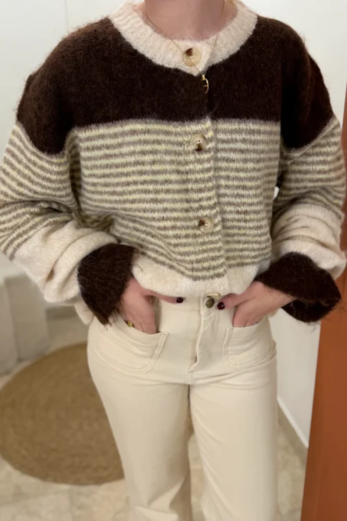 gilet-raye-chocolat-femme Gilet rayé chocolat femme, manches bouffantes | Dream By C