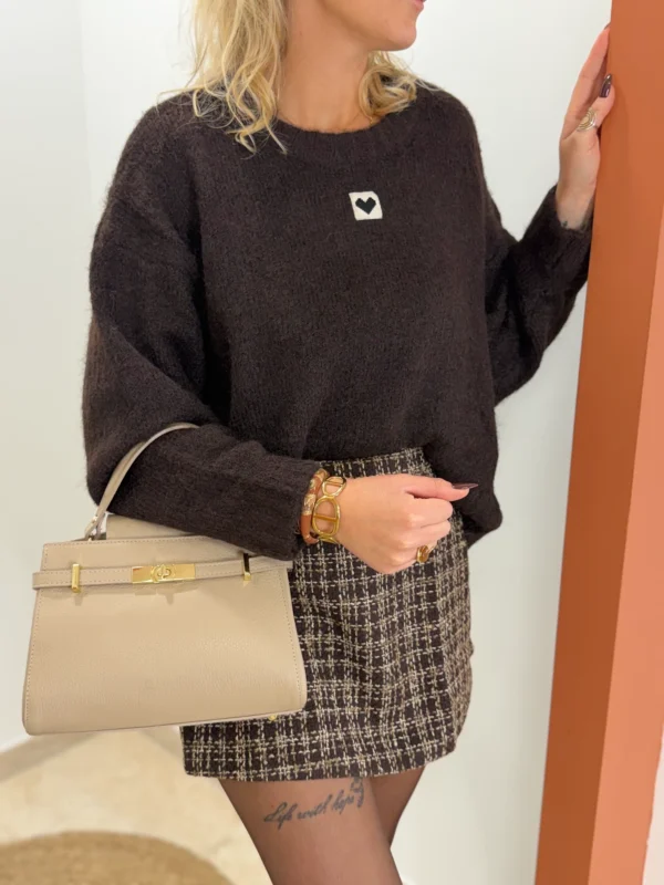 Jupe short tweed chocolat femme, motif à carreaux | Dream By C