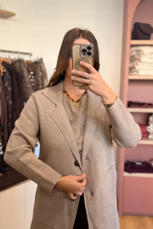 Manteau en maille femme taupe, poches plaquées | Dream By C