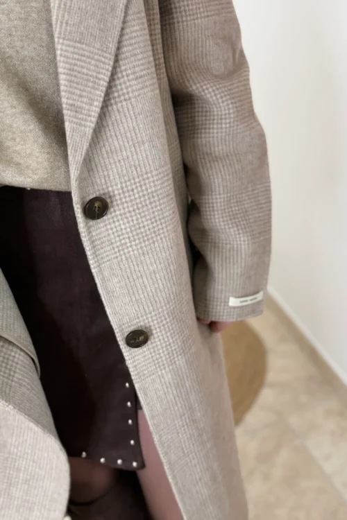 Manteau long laine femme taupe et écru quadrillé | Dream By C