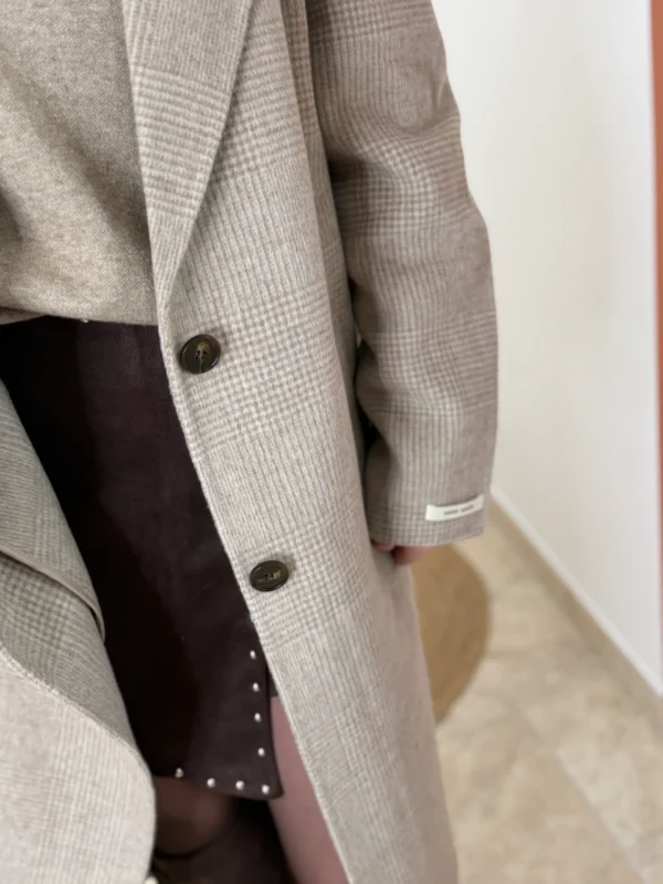 Manteau long laine femme taupe et écru quadrillé | Dream By C
