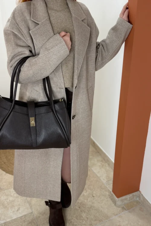 Manteau long laine femme taupe et écru quadrillé | Dream By C