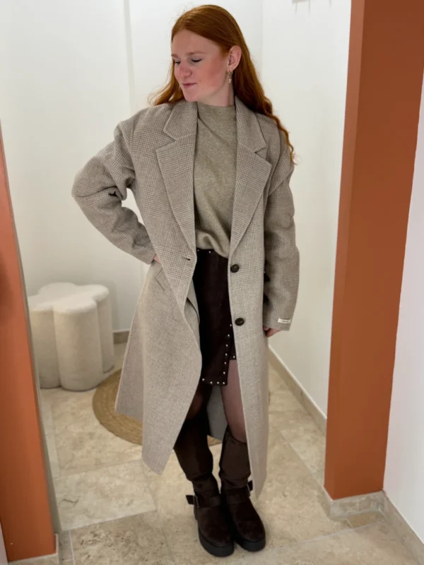 Manteau long laine femme taupe et écru quadrillé | Dream By C