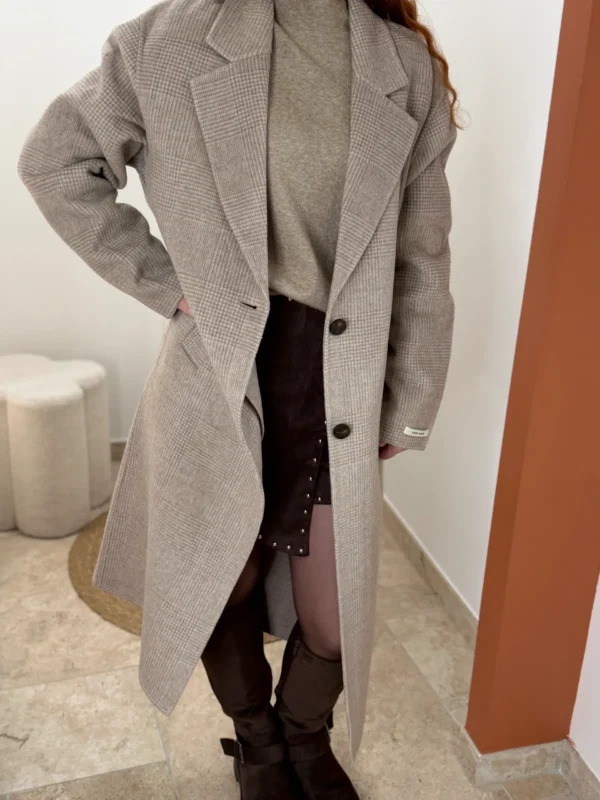 Manteau long laine femme taupe et écru quadrillé | Dream By C