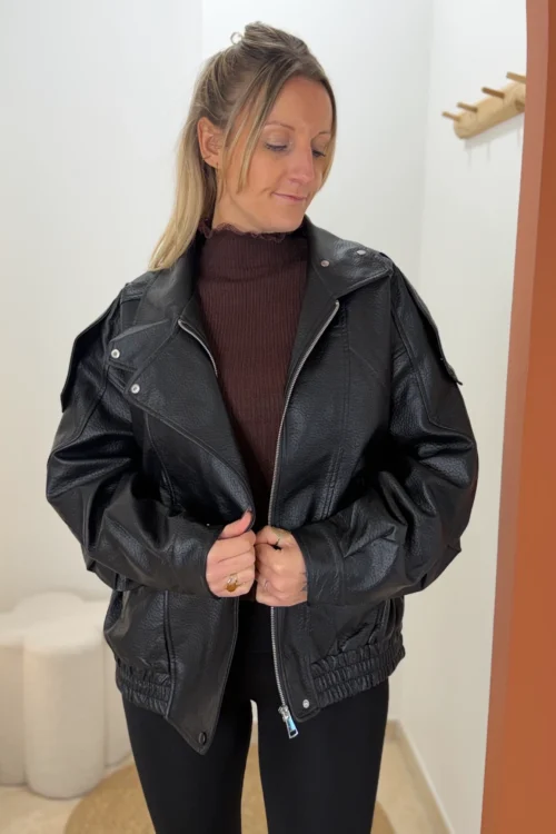 Perfecto oversize femme noir en simili cuir grainé | Dream By C