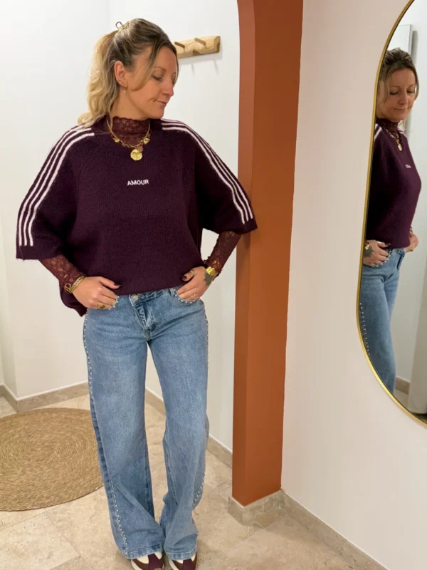 Pull bordeaux amour femme, brodé rose poudré | Dream By C