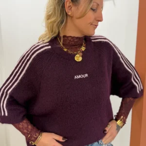 Pull bordeaux amour femme, brodé rose poudré | Dream By C