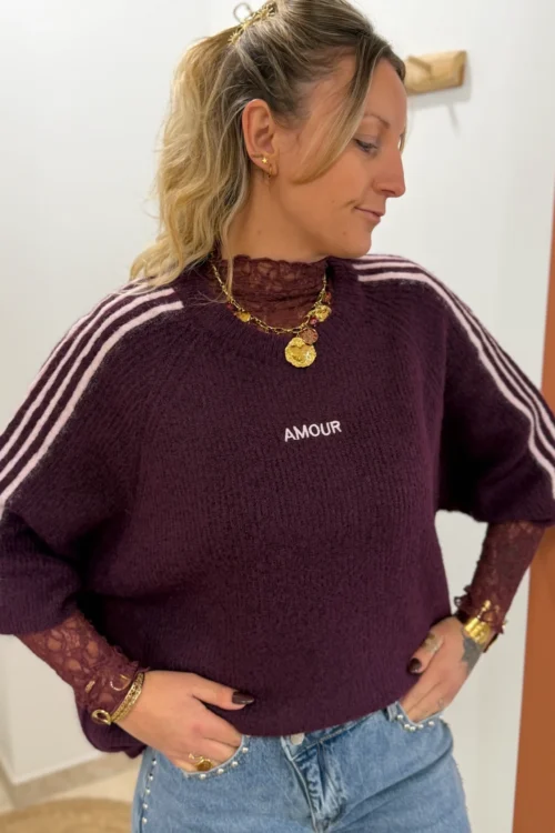 Pull bordeaux amour femme, brodé rose poudré | Dream By C