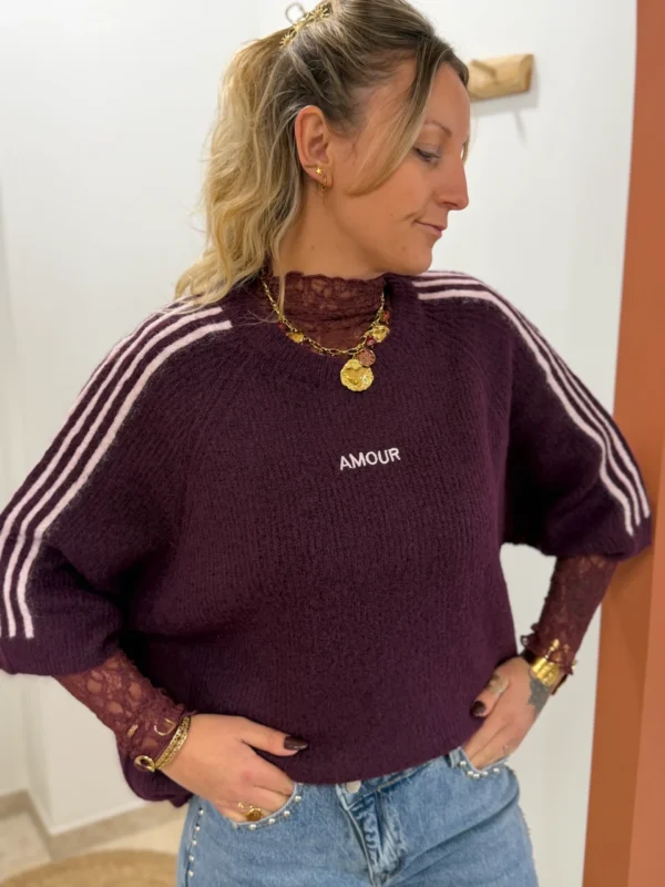 Pull bordeaux amour femme, brodé rose poudré | Dream By C
