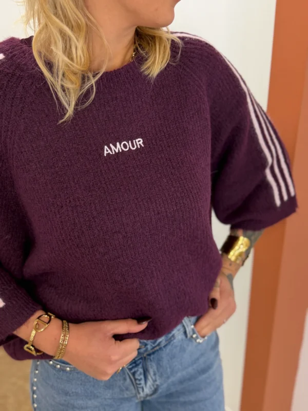 Pull bordeaux amour femme, brodé rose poudré | Dream By C