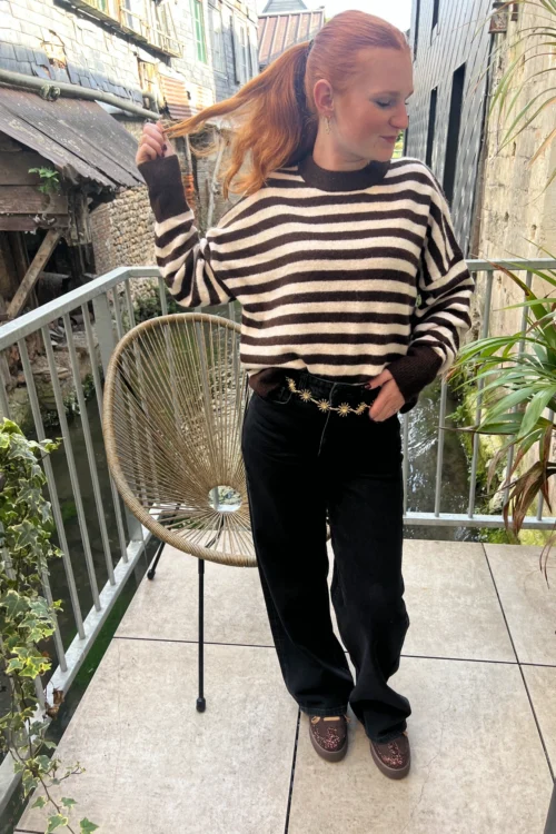 Pull rayé femme col rond B.Young, bleu ou chocolat | Dream By C