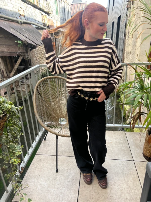 Pull rayé femme col rond B.Young, bleu ou chocolat | Dream By C