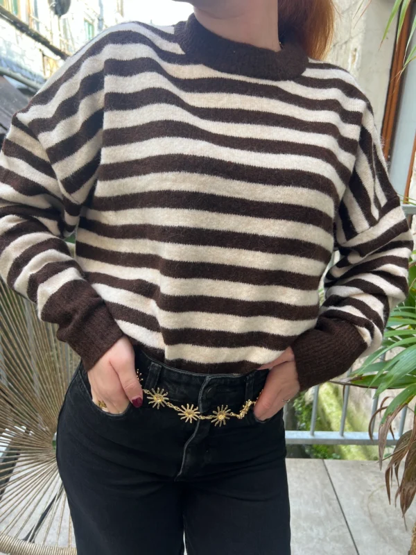 Pull rayé femme col rond B.Young, bleu ou chocolat | Dream By C