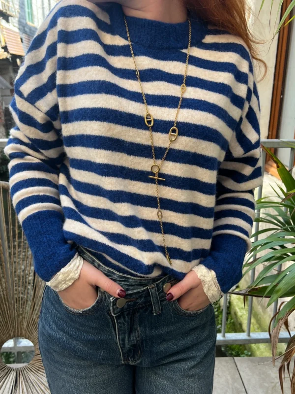 Pull rayé femme col rond B.Young, bleu ou chocolat | Dream By C