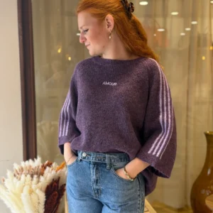 Pull violet amour femme, brodé et bandes lila, 34-46 | Dream By C