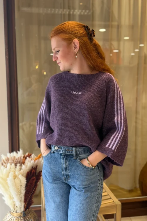 Pull violet amour femme, brodé et bandes lila, 34-46 | Dream By C