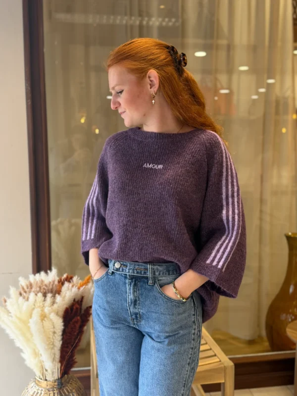 Pull violet amour femme, brodé et bandes lila, 34-46 | Dream By C