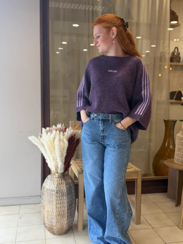 Pull violet amour femme, brodé et bandes lila, 34-46 | Dream By C