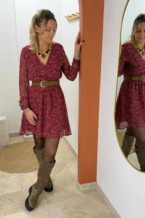 -robe-courte-bordeaux-fleurs-femme- Robe cache cœur bordeaux à fleurs femme, courte | Dream By C